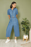 Yumi Blue Cotton Chambray Button Up Jumpsuit