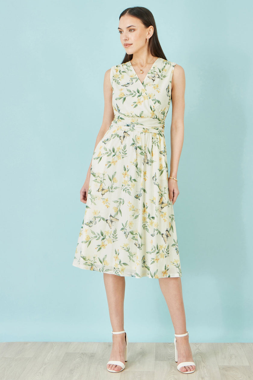 Yumi White Floral Print Mesh Stretch Midi Dress With Pockets