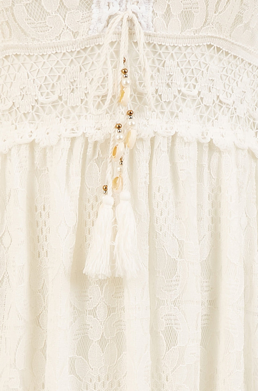 Yumi White Lace Midi Sundress With Tassel Tie and Ruched Back