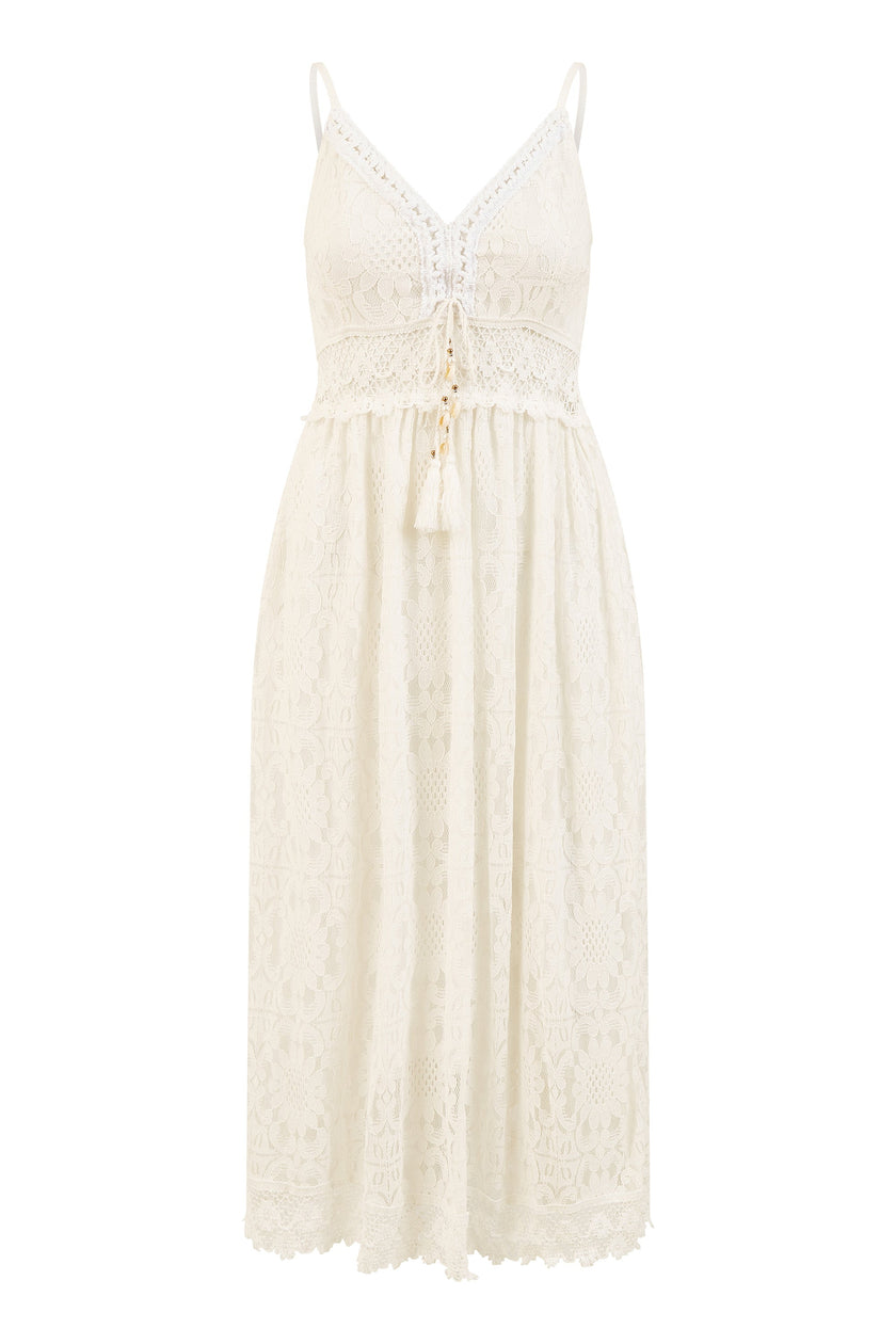 Yumi White Lace Midi Sundress With Tassel Tie and Ruched Back