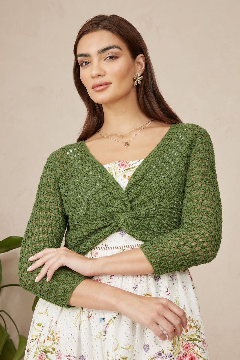 Yumi Green Cotton Crochet Twisted Bolero Top