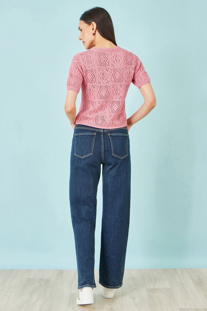Yumi Pink Cotton Crochet Knitted Top