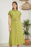 Yumi Green Viscose Linen Look Midi Shirt Dress With Wooden Belt