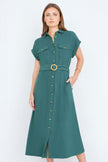 Yumi Green Viscose Linen Look Midi Shirt Dress With Wooden Belt