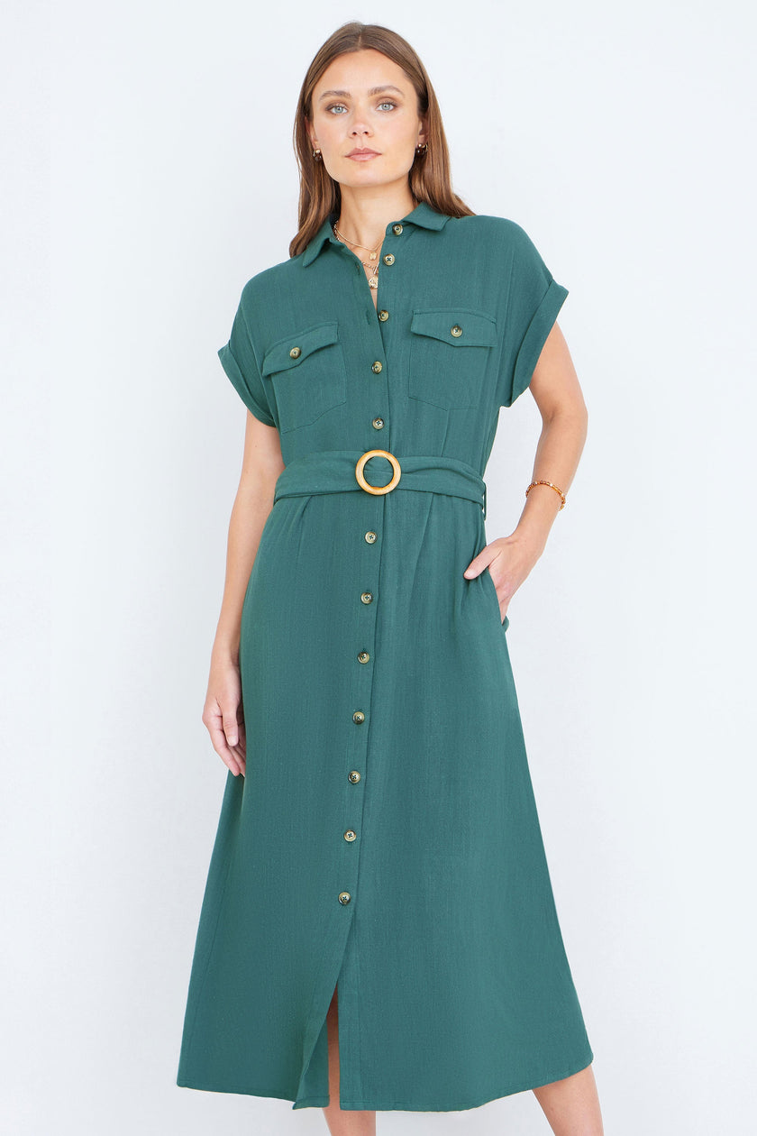 Yumi Green Viscose Linen Look Midi Shirt Dress With Wooden Belt