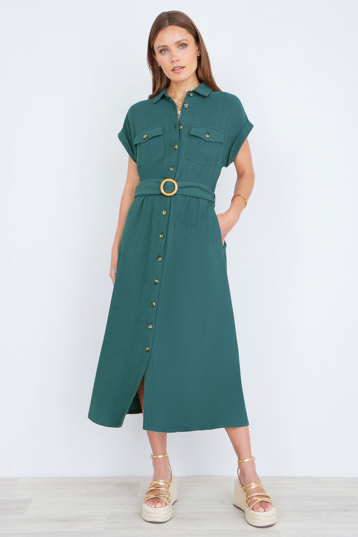 Yumi Green Viscose Linen Look Midi Shirt Dress With Wooden Belt