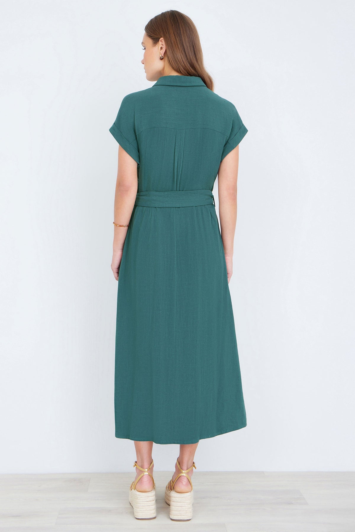 Yumi Green Viscose Linen Look Midi Shirt Dress With Wooden Belt