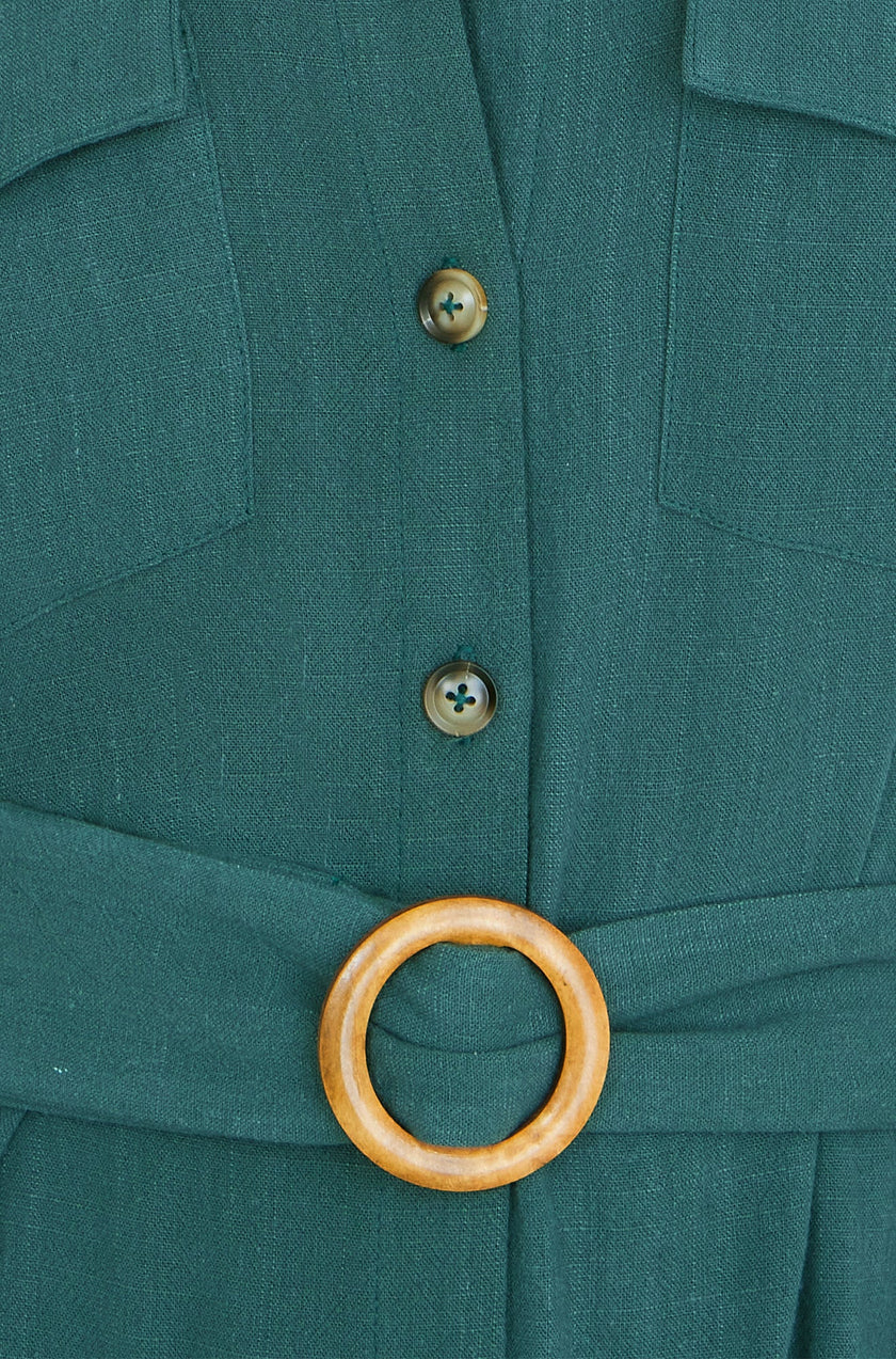 Yumi Green Viscose Linen Look Midi Shirt Dress With Wooden Belt