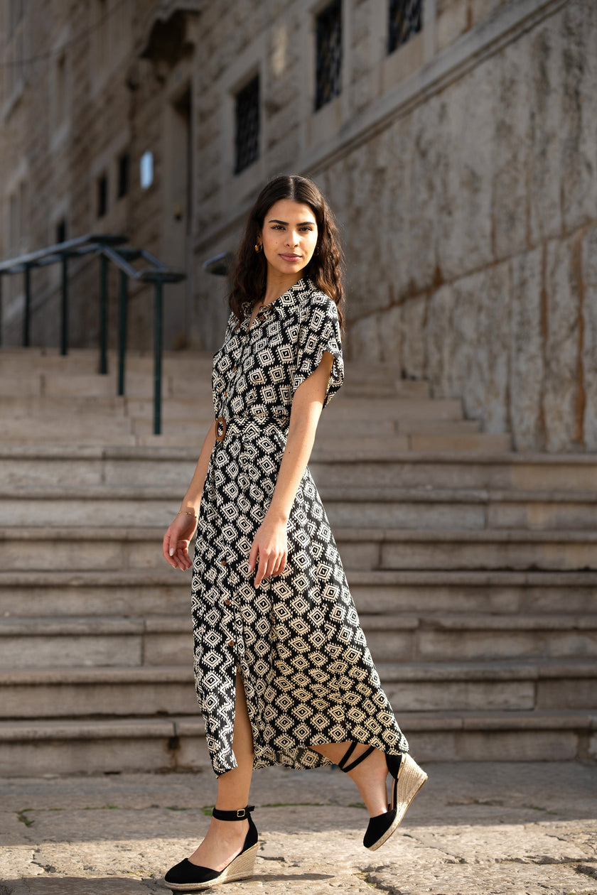 Yumi Black Viscose Midi Shirt Dress With Matching Belt