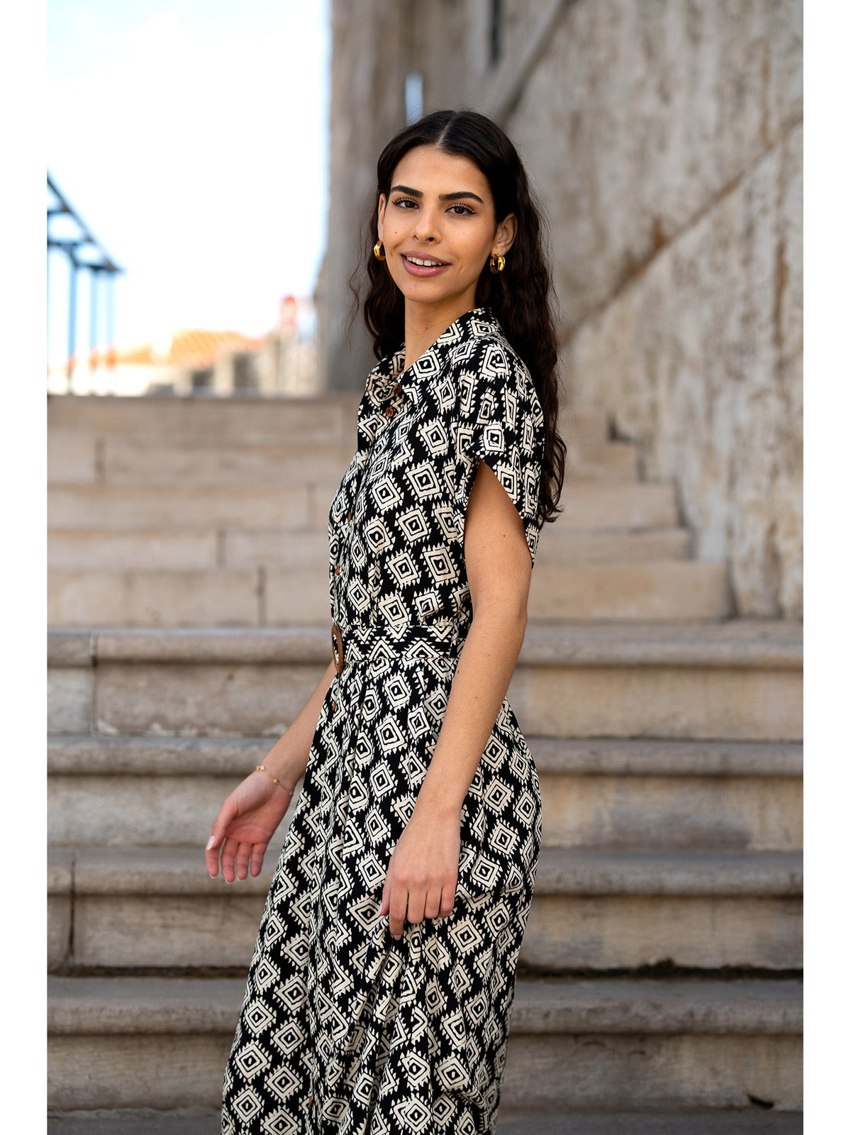 Yumi Black Viscose Midi Shirt Dress With Matching Belt