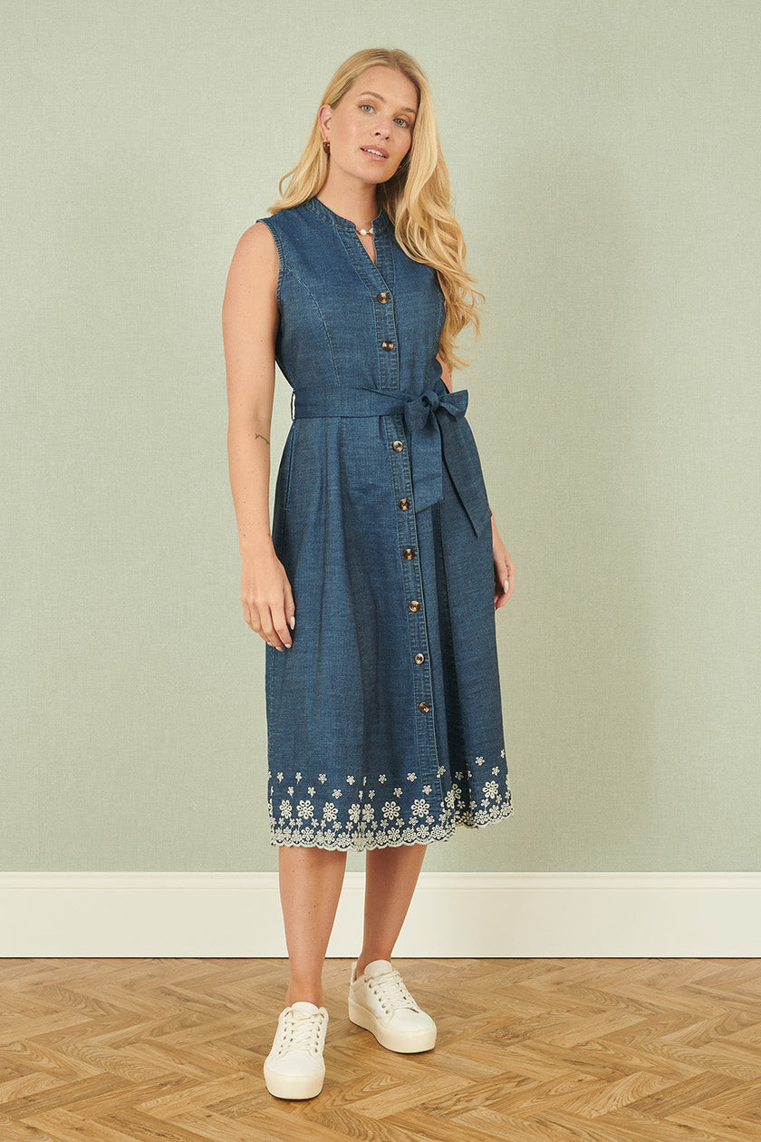 Yumi Blue Chambray Cotton Midi Embroidered Shirt Dress