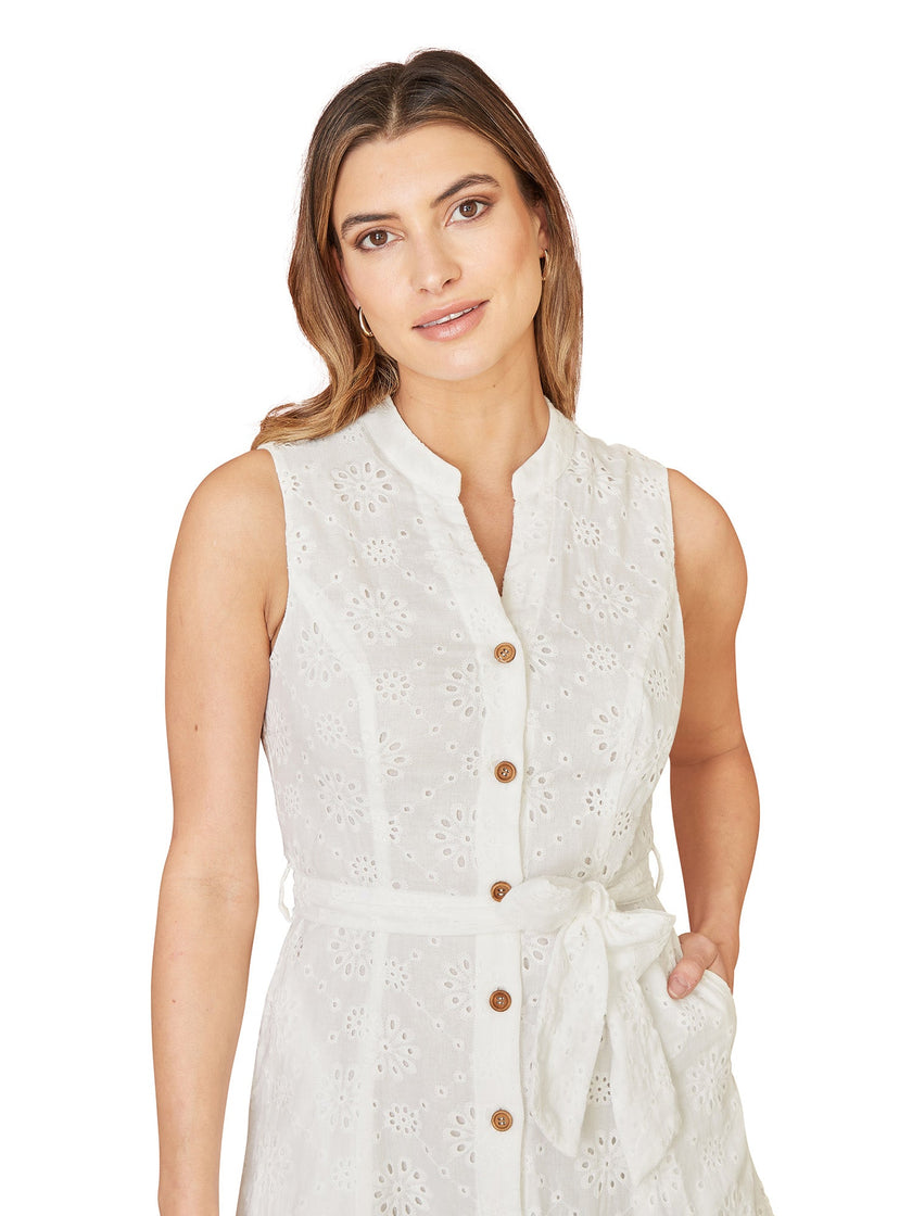 Yumi White Flower Broderie Anglaise Cotton Shirt Dress