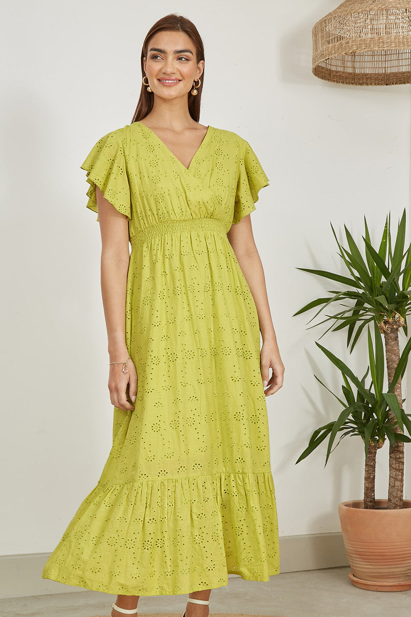 Yumi Lime Cotton Broderie Anglaise Wrap Midi Dress