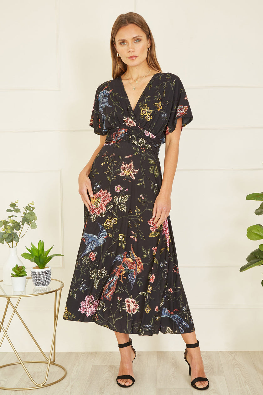 Yumi Black Viscose Bird and Floral Print Kimono Midi Dress