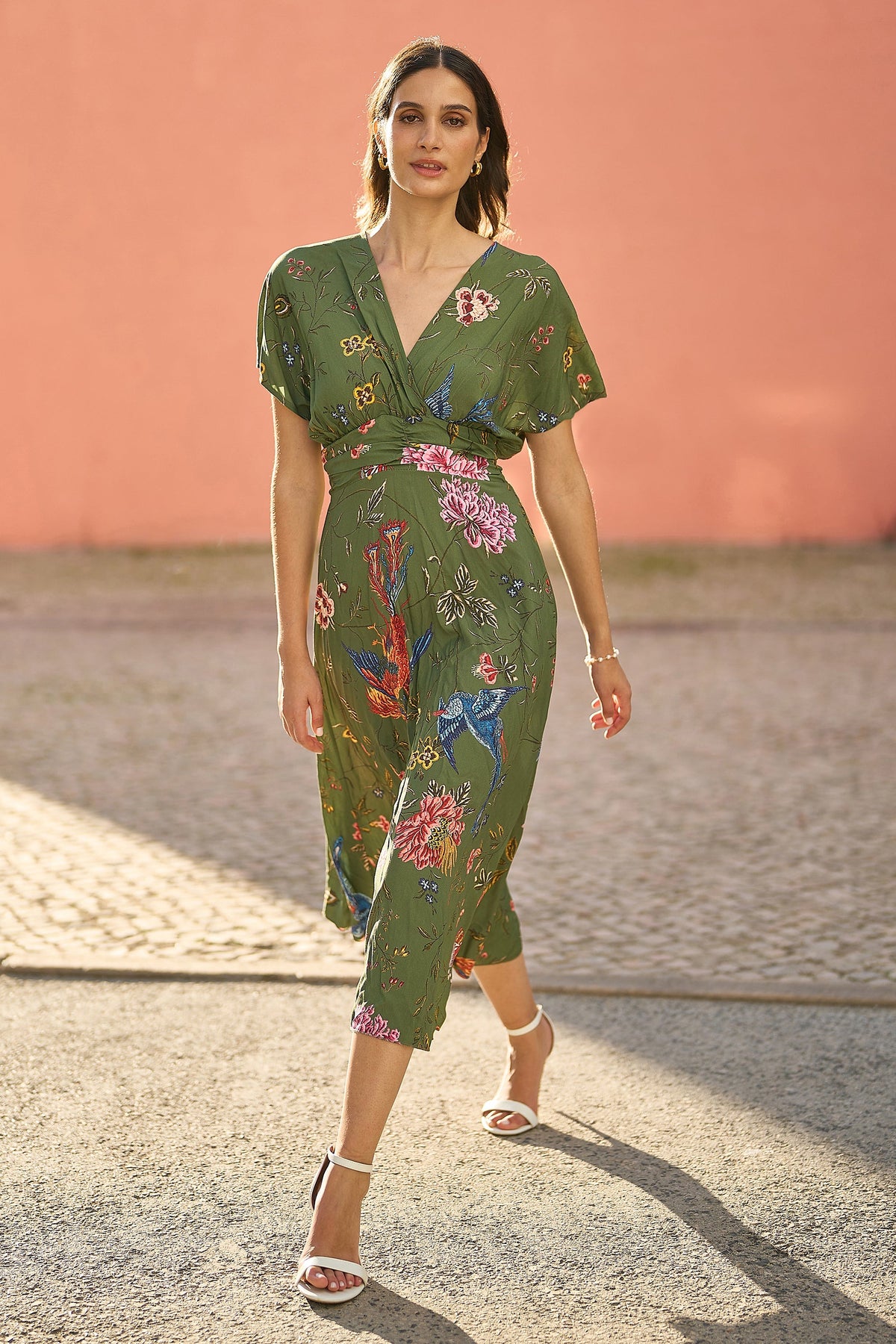 Yumi Green Bird and Floral Print Ruched Waist Kimono Midi Dress
