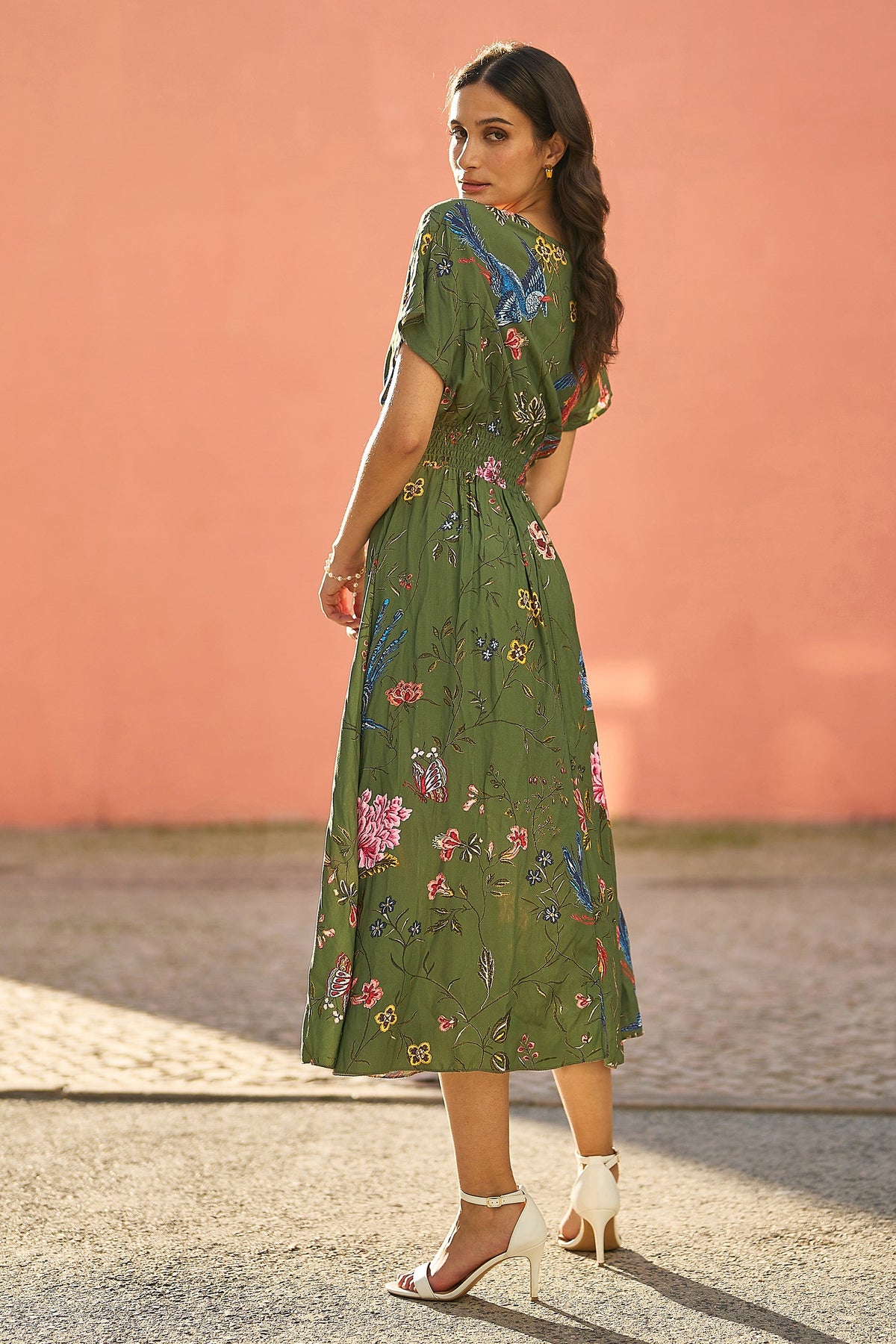 Yumi Green Bird and Floral Print Ruched Waist Kimono Midi Dress