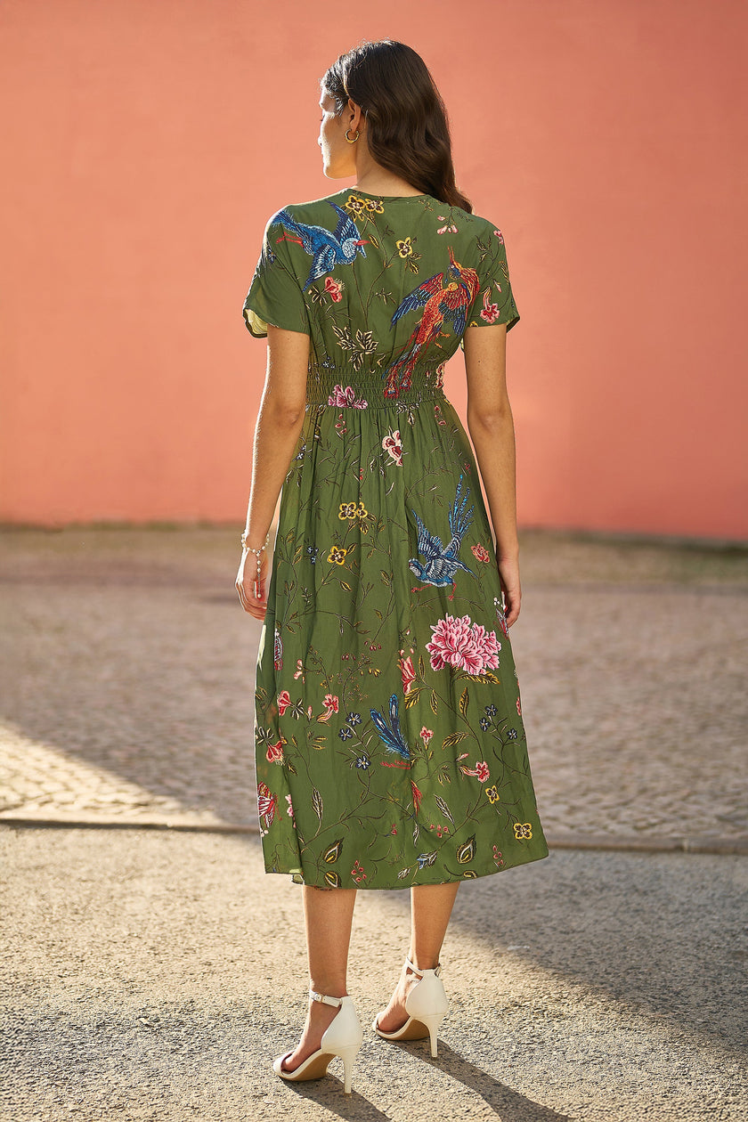 Yumi Green Bird and Floral Print Ruched Waist Kimono Midi Dress