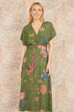 Yumi Green Bird and Floral Print Ruched Waist Kimono Midi Dress