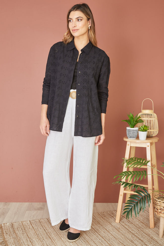 Yumi Black Cotton Broderie Anglaise Relaxed Shirt