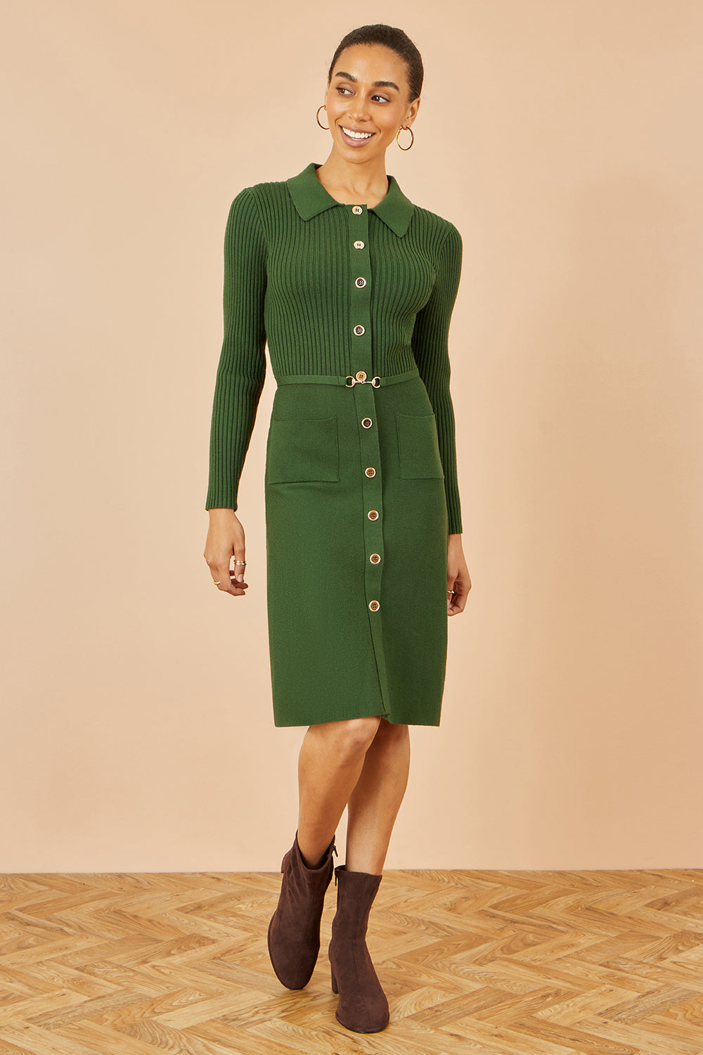 Yumi Green Rib Knit Midi Shirt Dress With Snaffle Belt