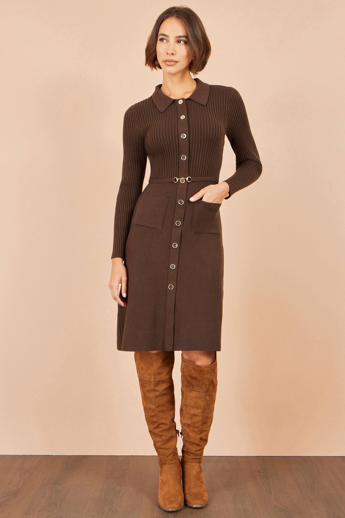 Yumi Brown Rib Knit Midi Shirt Dress With Snaffle Belt