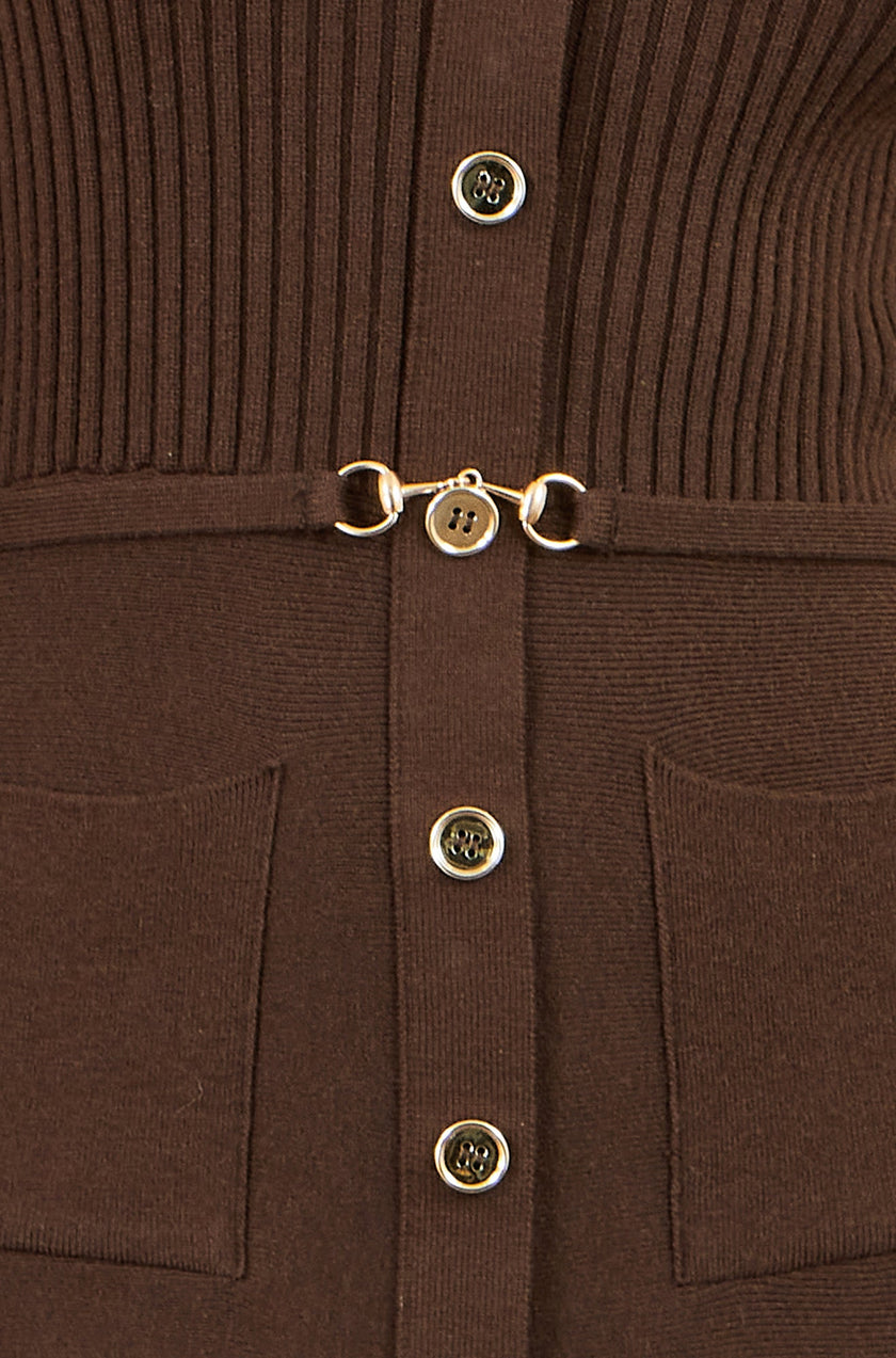 Yumi Brown Rib Knit Midi Shirt Dress With Snaffle Belt