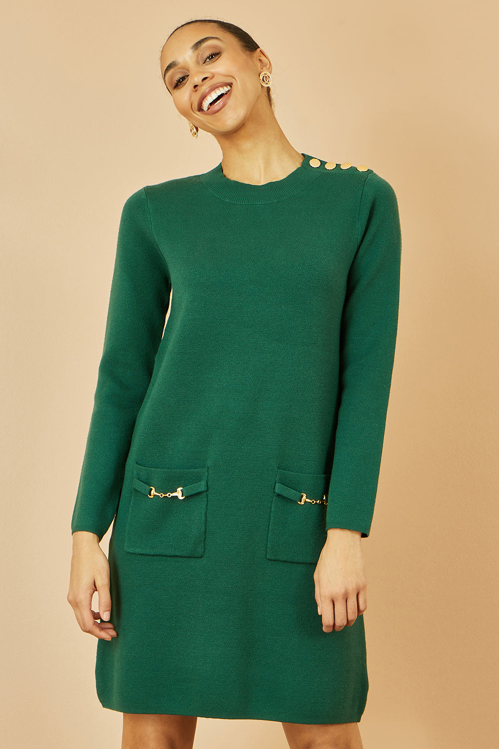 Yumi Green Knitted Tunic Dress With Gold Hardware Details