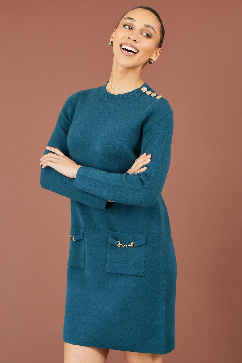 Yumi Teal Knitted Tunic Dress With Gold Hardware Details