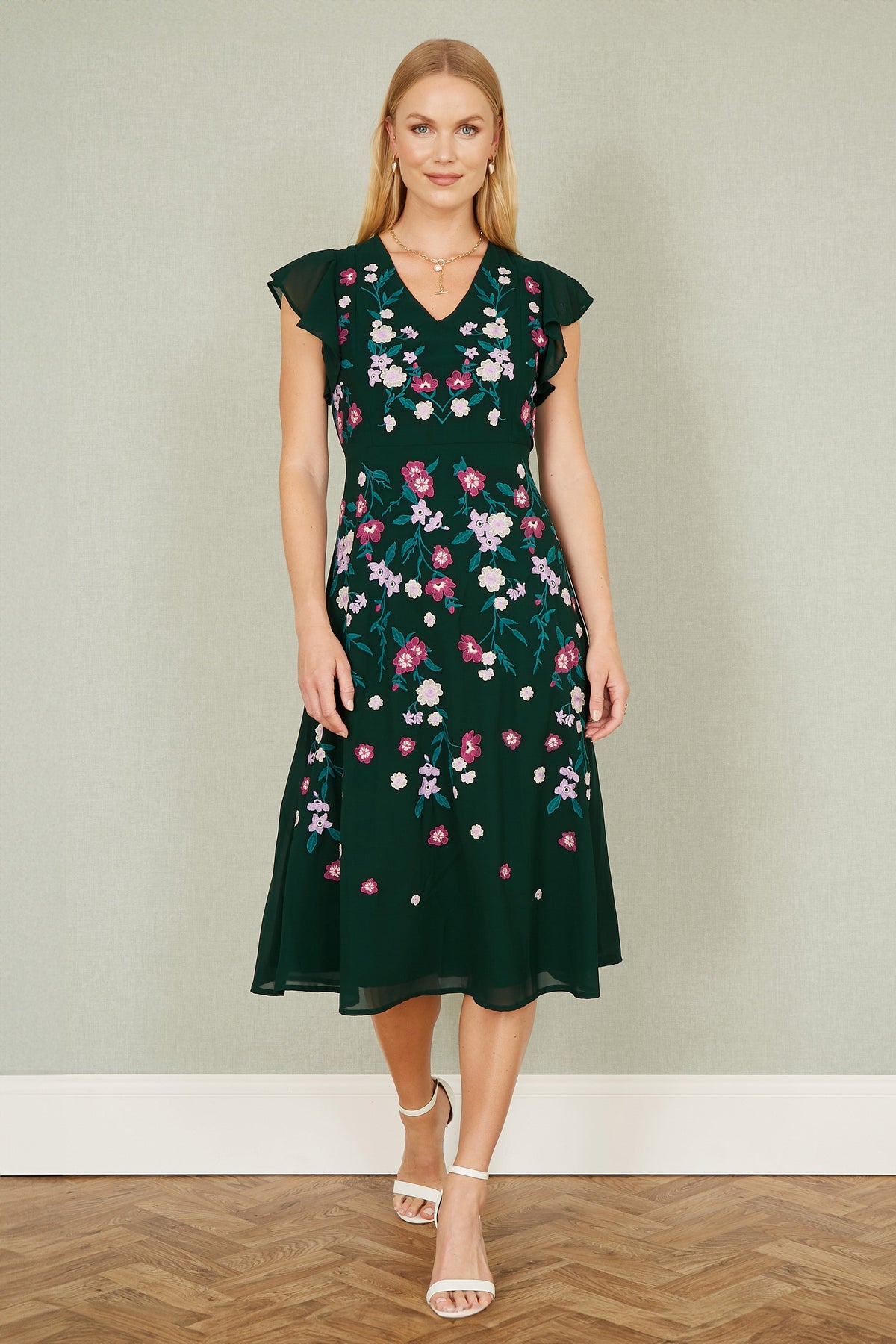 Yumi Green All Over Floral Embroidery Midi Skater Dress