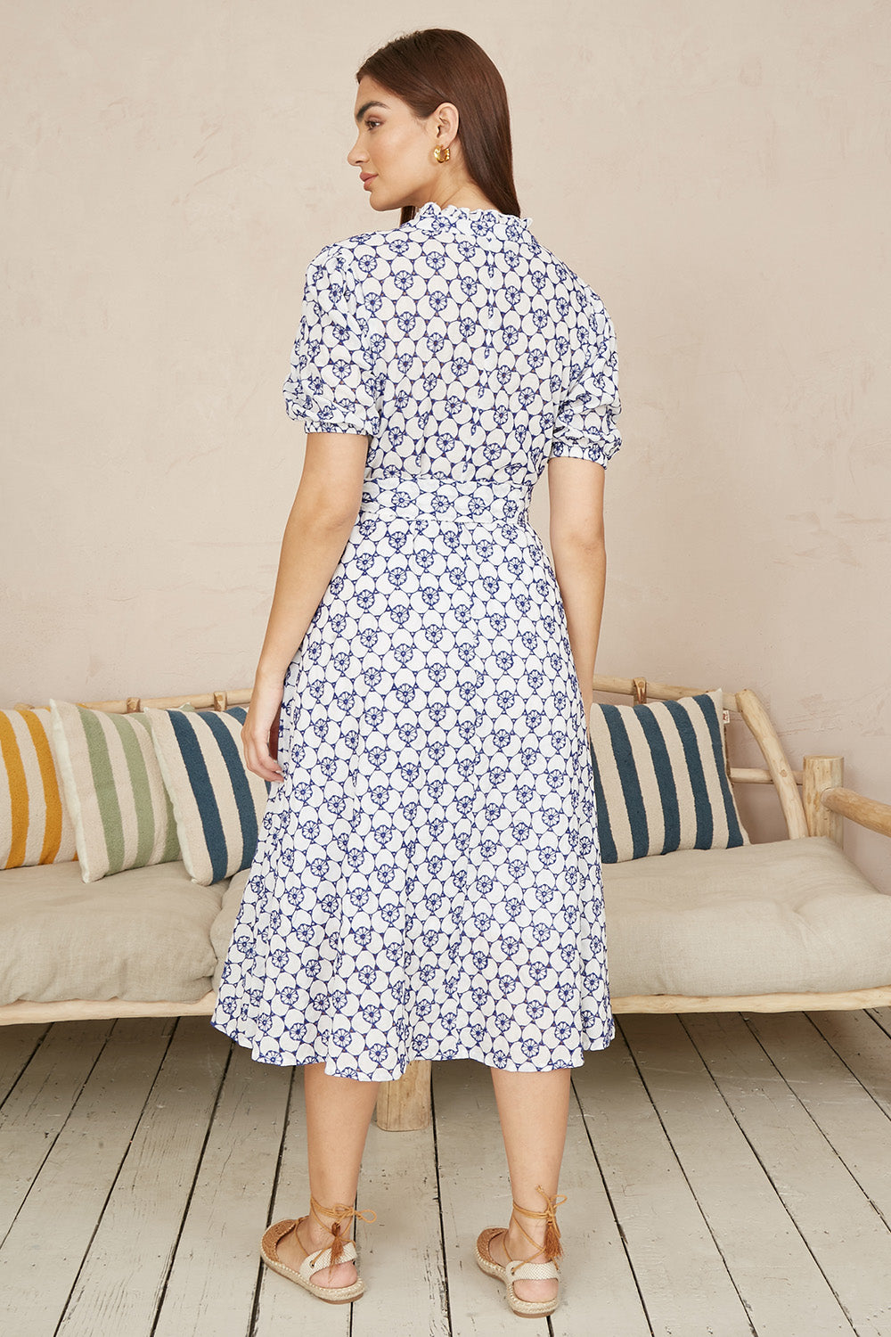 Yumi White and Blue Cotton Broderie Anglaise Midi Shirt Dress