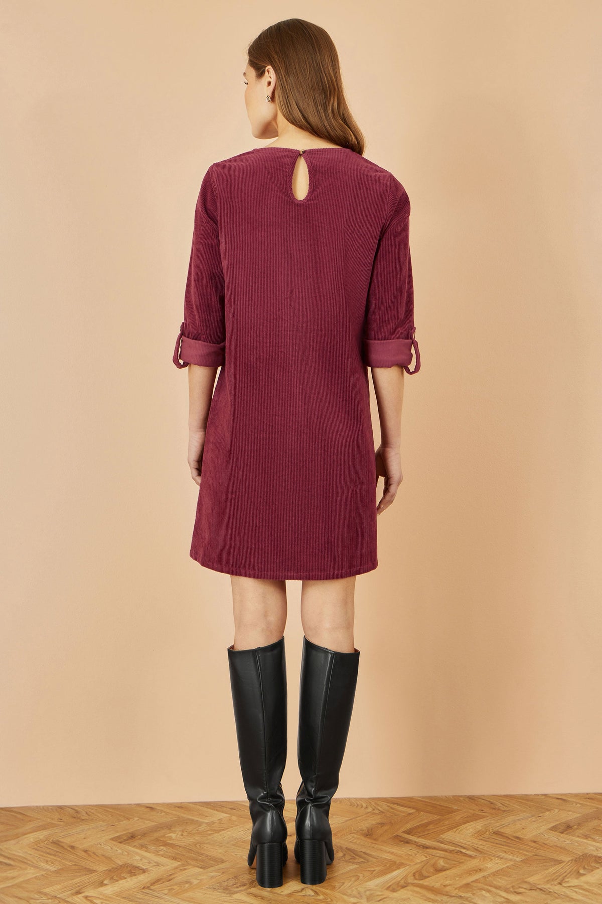 Yumi Burgundy Cord Tunic Dress With 3/4 Sleeves And Pockets