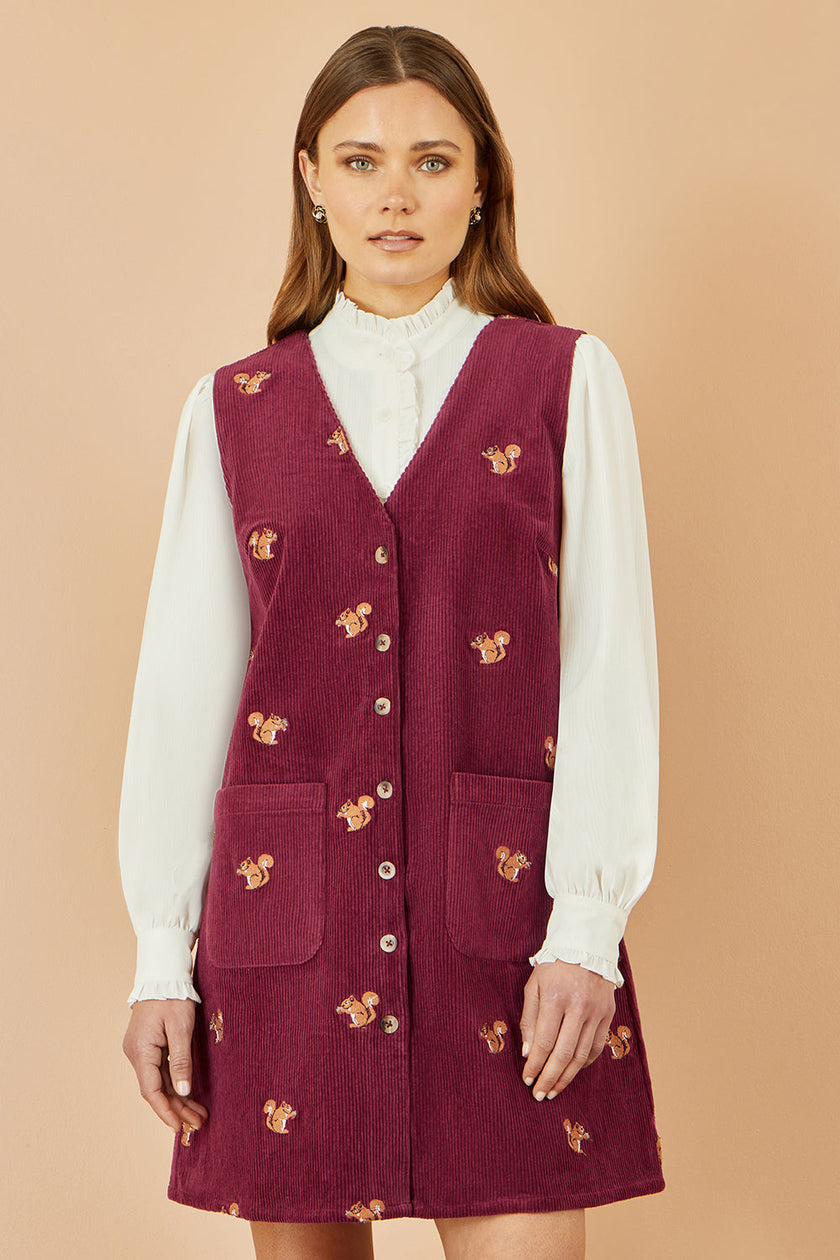 Yumi Burgundy Squirrel Embroidered Button Up Pinafore Dress