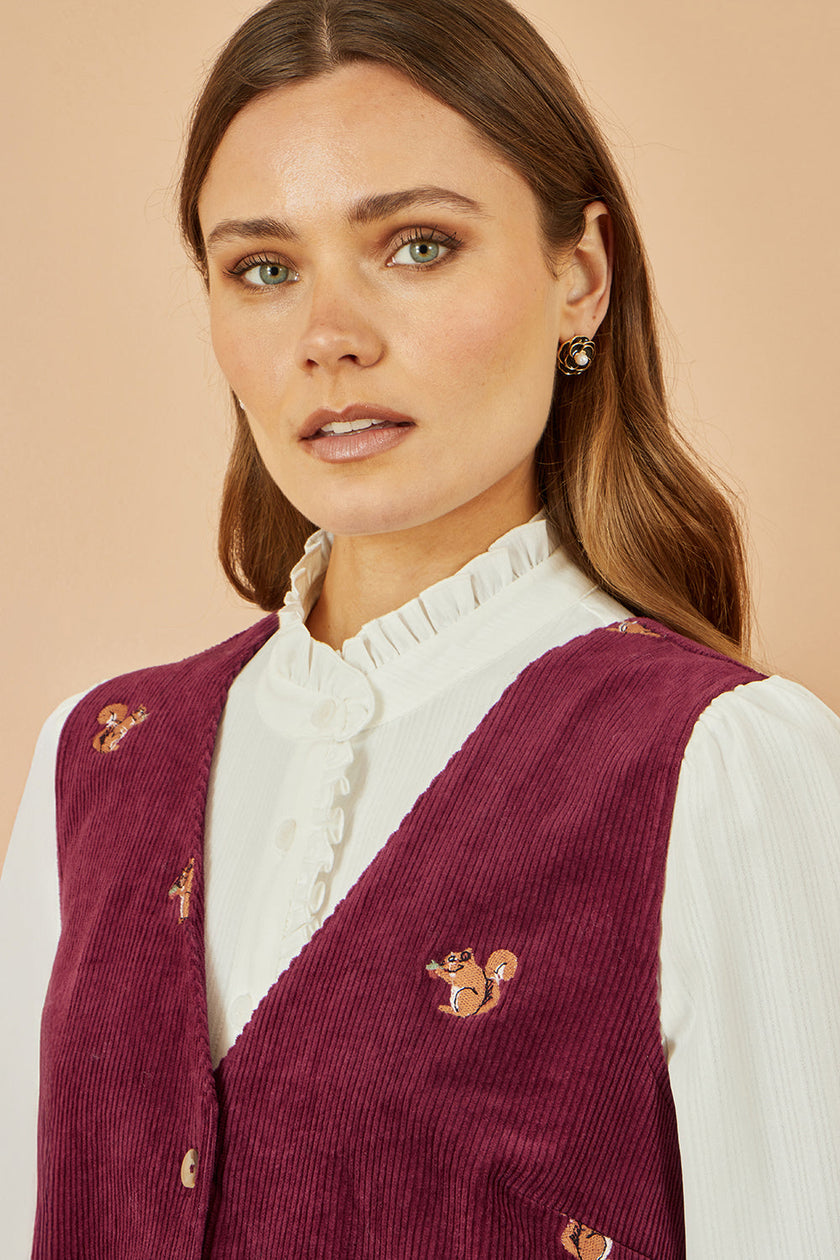 Yumi Burgundy Squirrel Embroidered Button Up Pinafore Dress