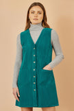 Yumi Teal Cord Button Through Pinafore Dress With Pockets