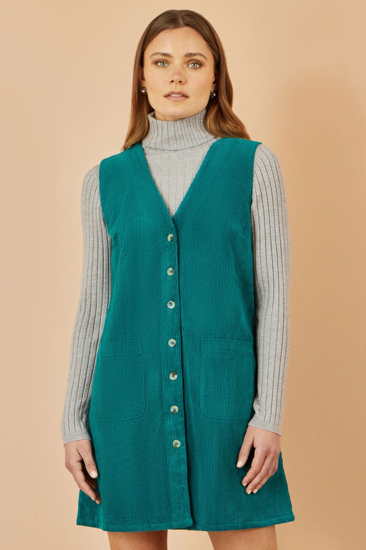 Yumi Teal Cord Button Through Pinafore Dress With Pockets