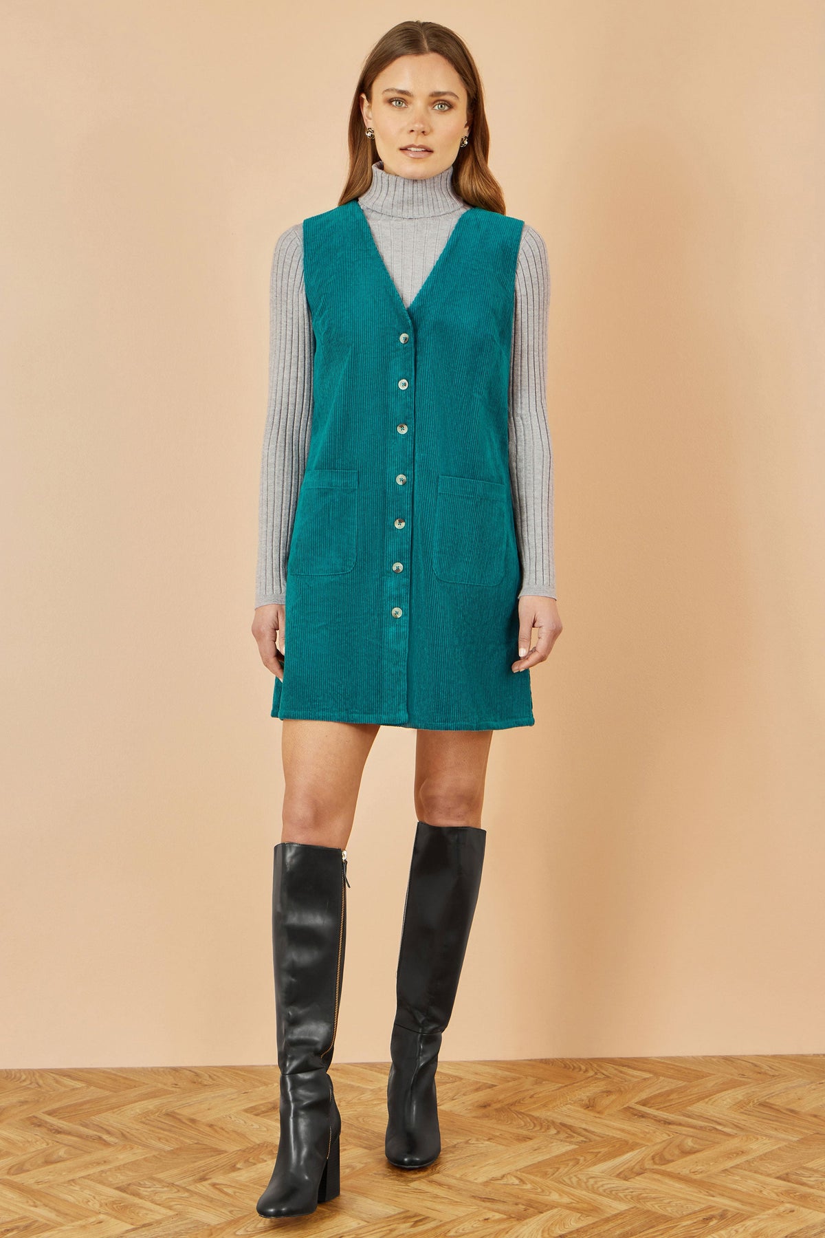 Yumi Teal Cord Button Through Pinafore Dress With Pockets