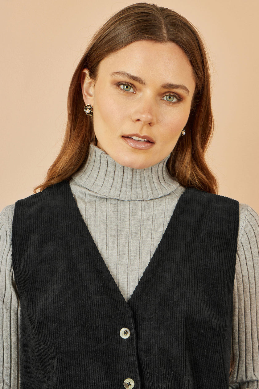 Yumi Black Cord Button Through Pinafore Dress With Pockets
