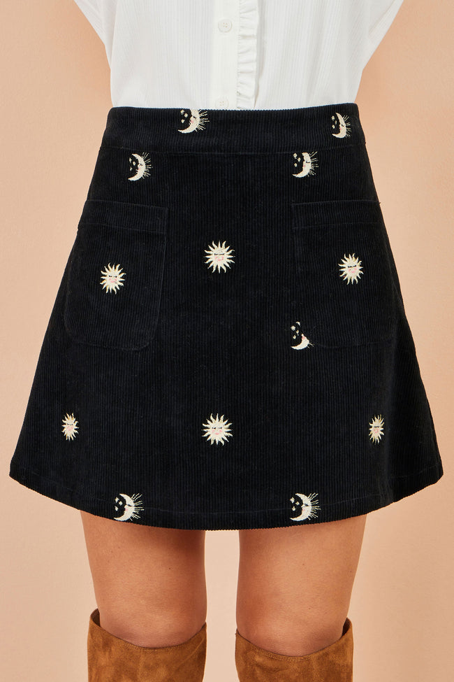 Yumi Black Cosmic Embroidered Mini Skirt