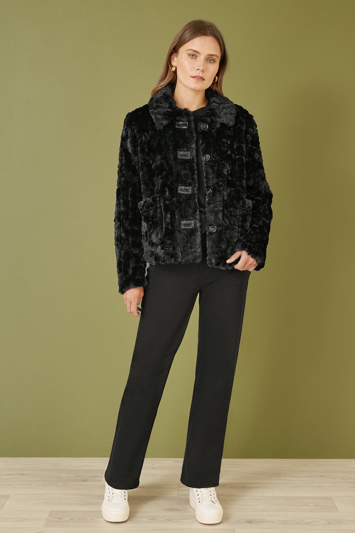 Yumi Black Luxe Textured Faux Fur Jacket With Pockets