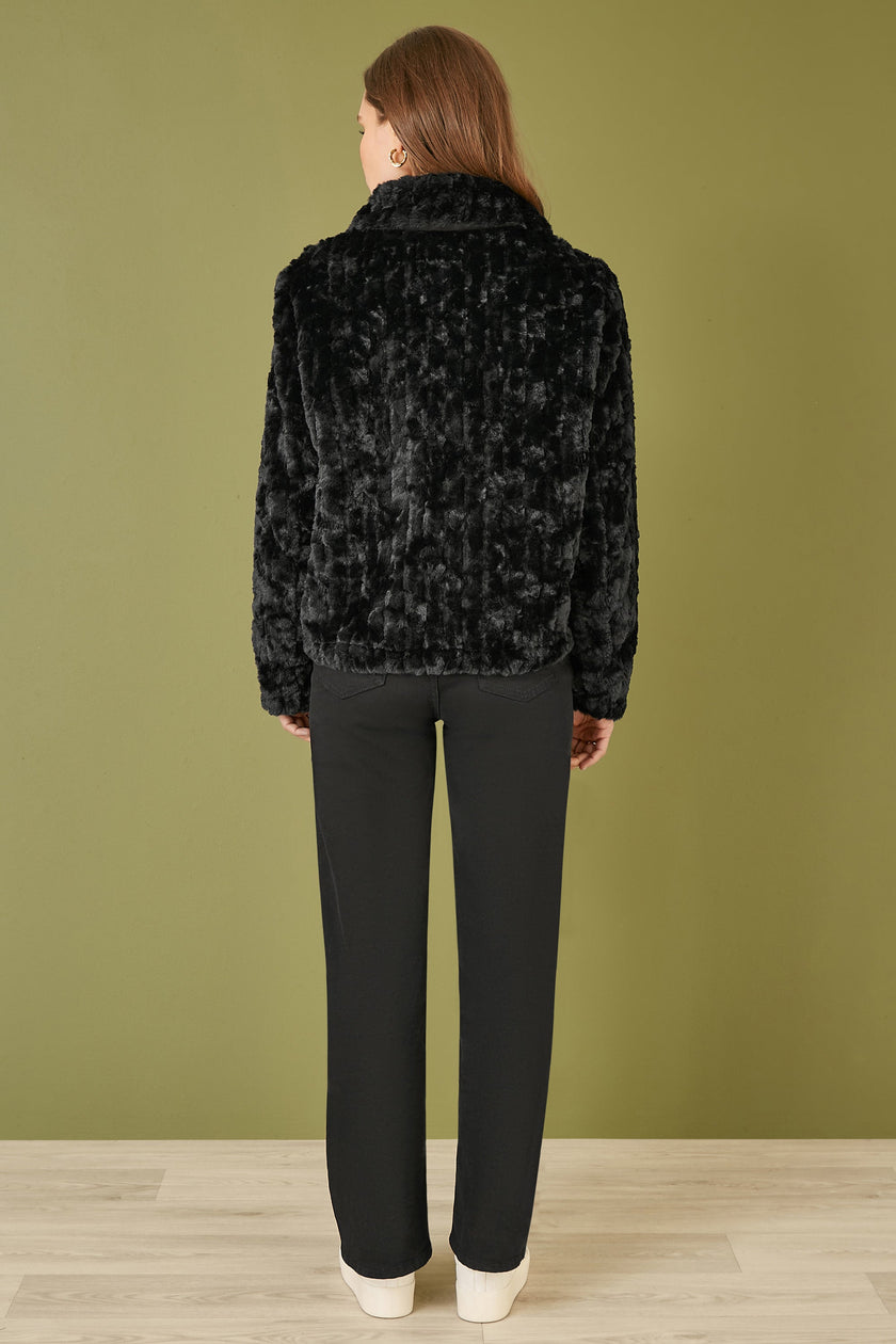 Yumi Black Luxe Textured Faux Fur Jacket With Pockets