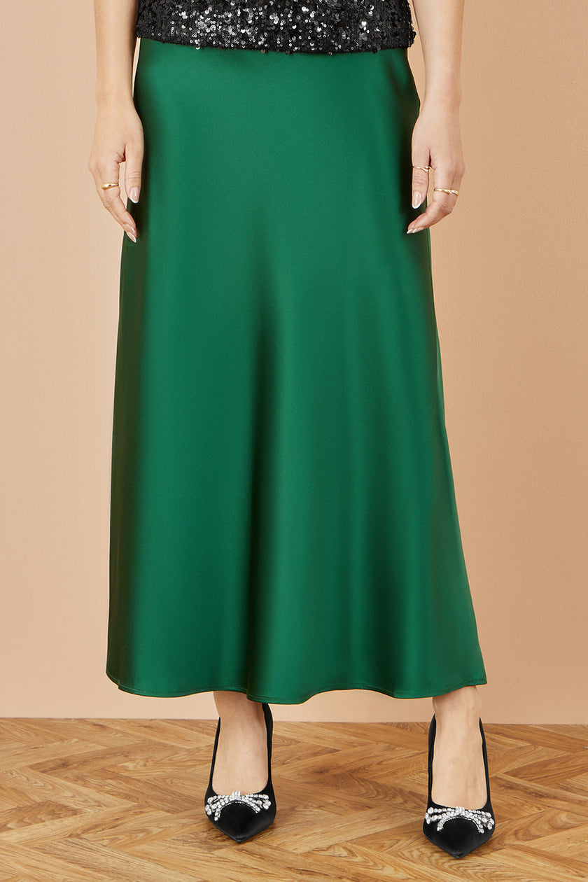 Yumi Green Satin Midi Skirt