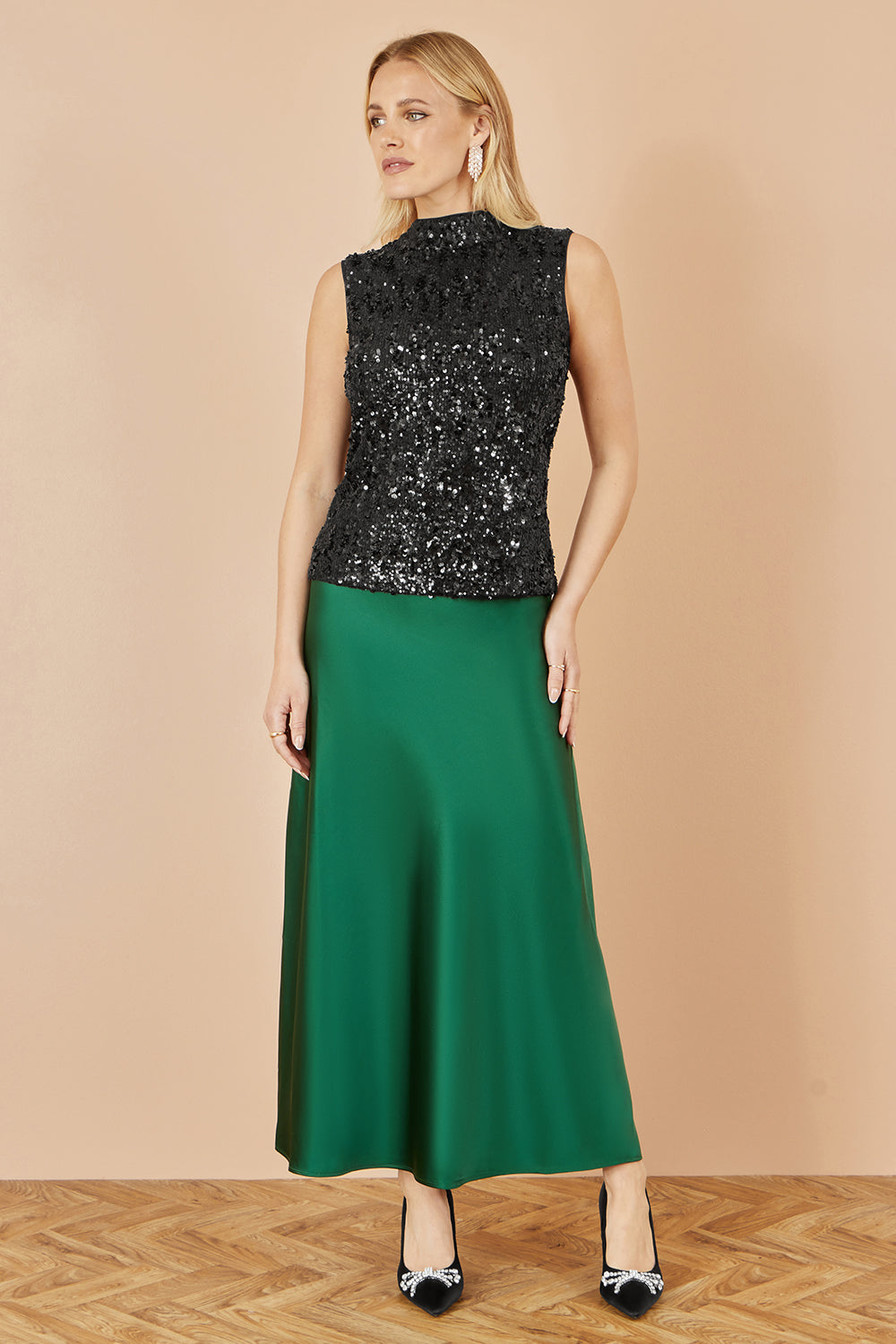 Yumi Green Satin Midi Skirt