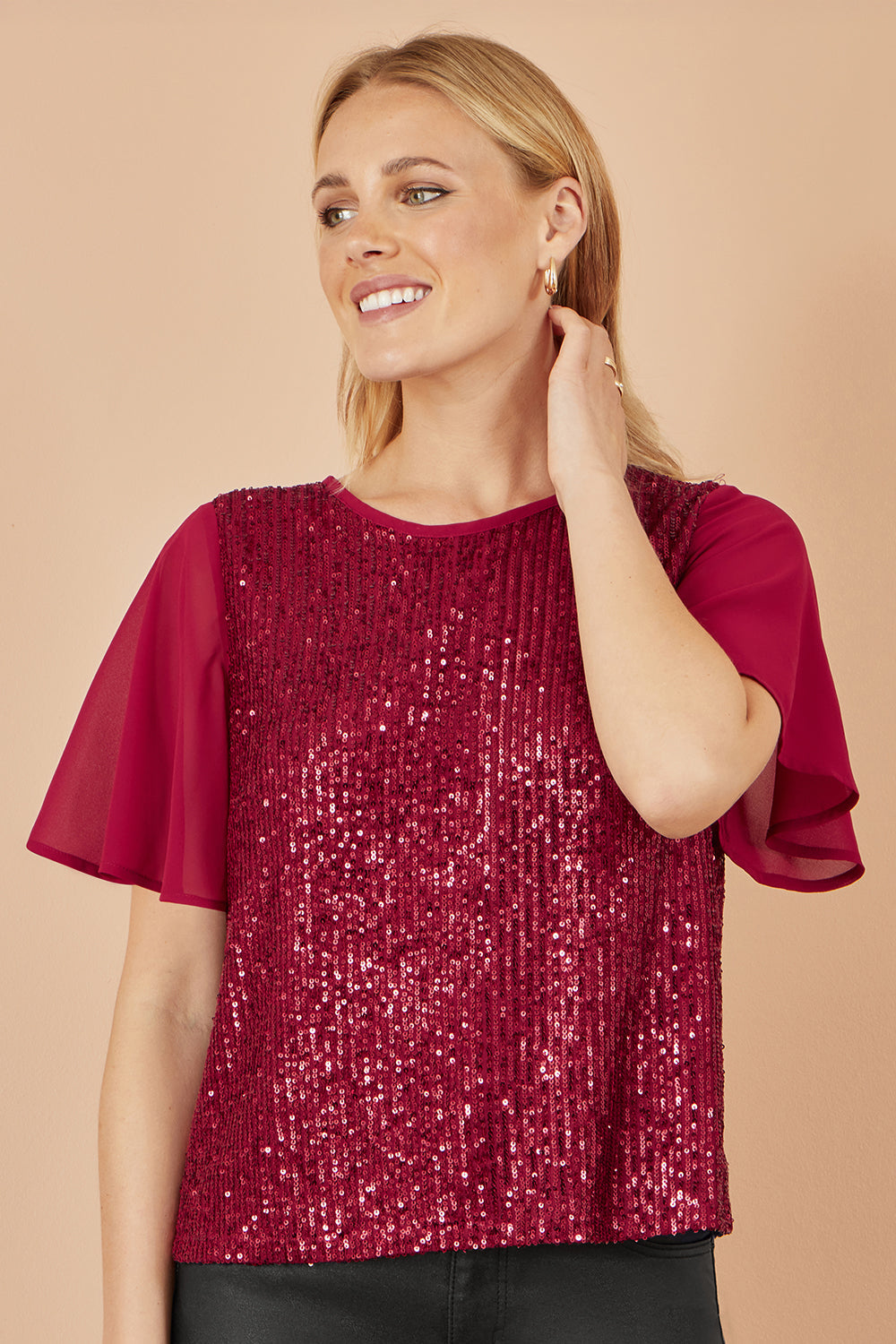 Yumi Burgundy Sequin Top With Sheer Sleeves And Cut Out Back