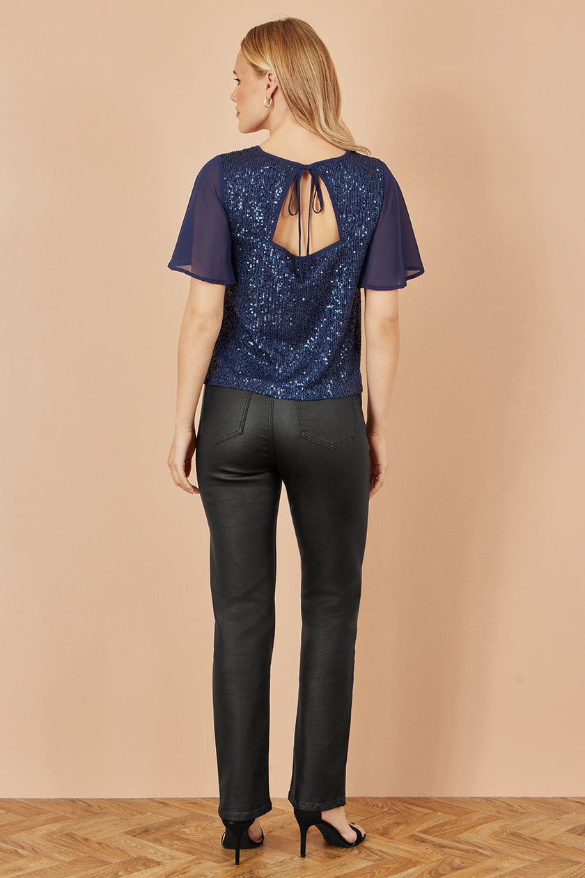 Yumi Navy Sequin Top With Sheer Sleeves And Cut Out Back