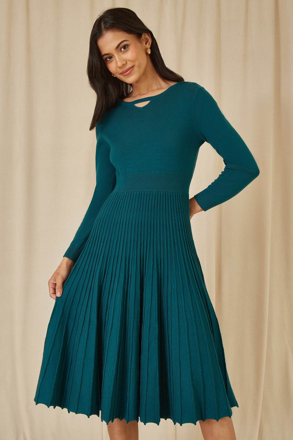 Yumi Teal Knitted Pleated Skater Dress With Notch Neckline
