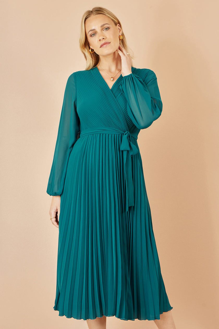 Yumi Teal Pleated Wrap Midi Dress With Sheer Long Sleeves
