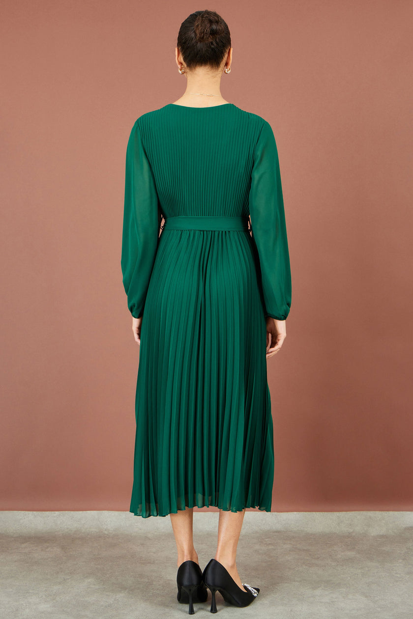 Yumi Green Pleated Wrap Midi Dress