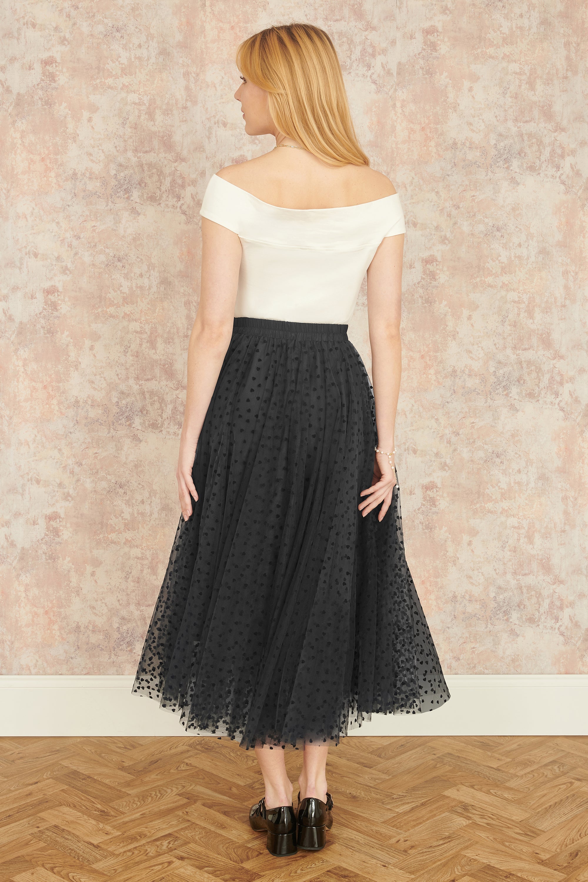 Yumi Black Mesh Heart Print Tulle Skirt