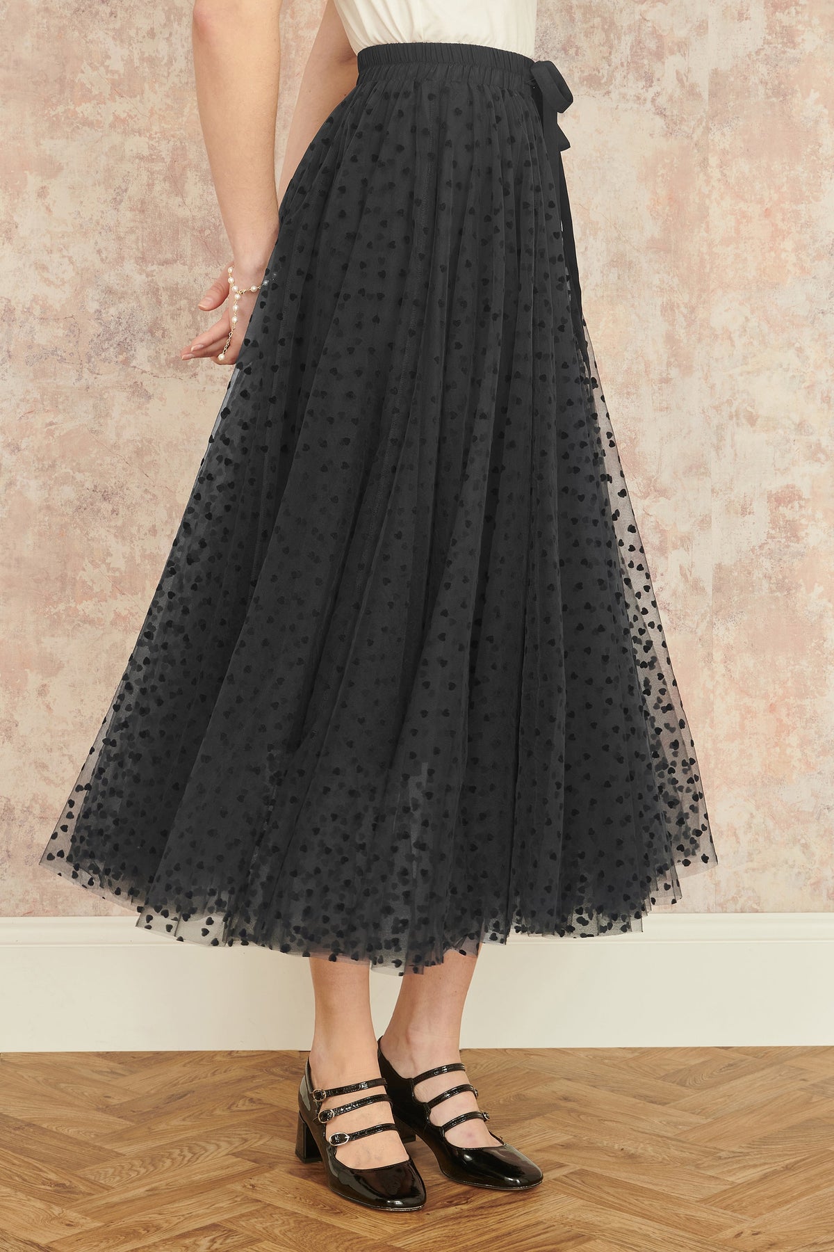 Yumi Black Mesh Heart Print Tulle Skirt