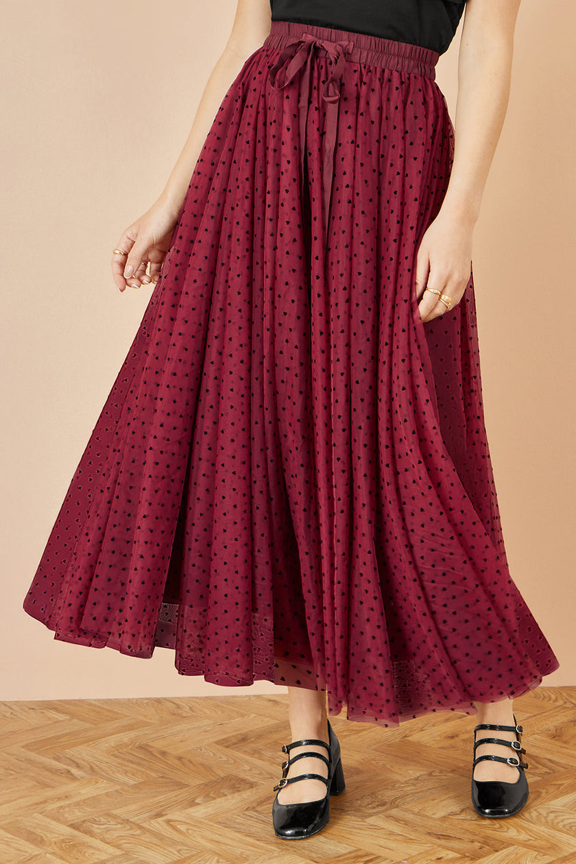 Yumi Burgundy Mesh Heart Print Tulle Skirt